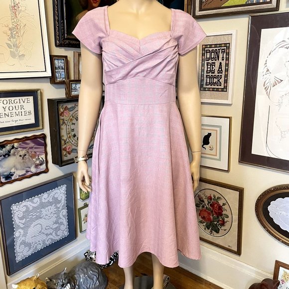 Stop Staring! Dresses & Skirts - Stop Staring! Plus Size Pink Houndstooth Retro 40s Fit and Flare Midi Dress 3X